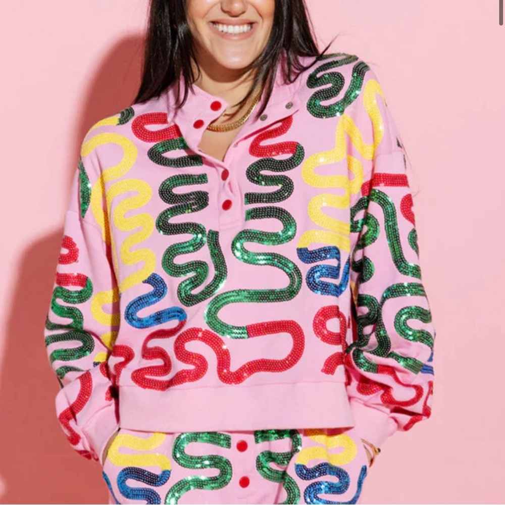 Queen of Sparkles Pink Squiggle Henley Sweatshirt